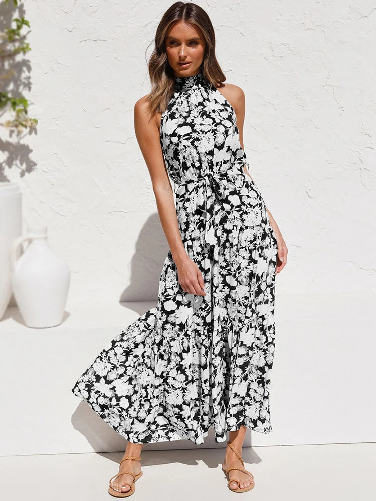 Fitshinling Bohemian Summer Maxi Dress Women Polka Dot Sleeveless Sundress Slim A Line Vintage Long Dresses Holiday Vestidos New