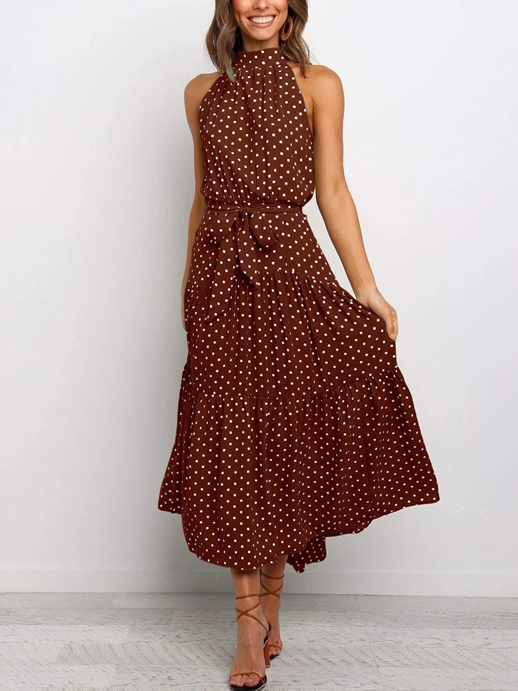 Fitshinling Bohemian Summer Maxi Dress Women Polka Dot Sleeveless Sundress Slim A Line Vintage Long Dresses Holiday Vestidos New