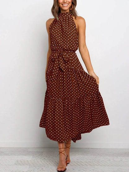Fitshinling Bohemian Summer Maxi Dress Women Polka Dot Sleeveless Sundress Slim A Line Vintage Long Dresses Holiday Vestidos New