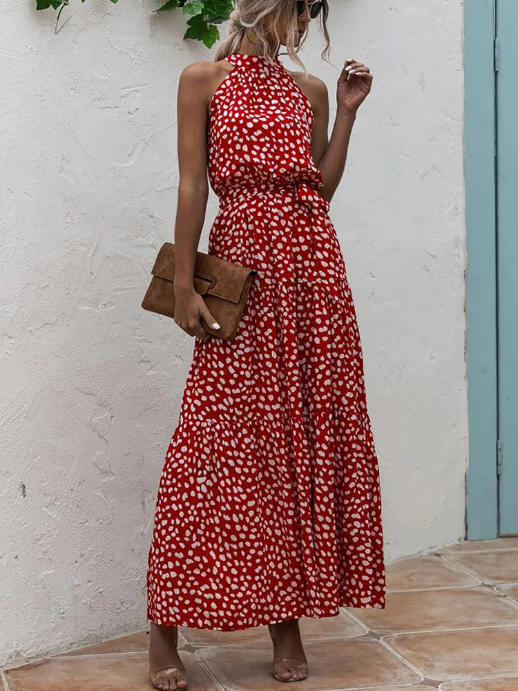 Fitshinling Bohemian Summer Maxi Dress Women Polka Dot Sleeveless Sundress Slim A Line Vintage Long Dresses Holiday Vestidos New