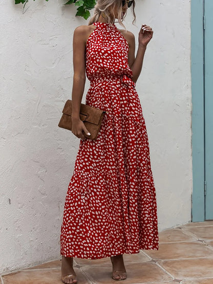 Fitshinling Bohemian Summer Maxi Dress Women Polka Dot Sleeveless Sundress Slim A Line Vintage Long Dresses Holiday Vestidos New