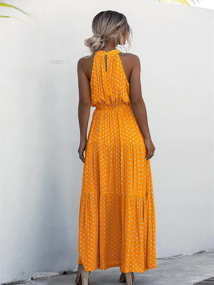 Fitshinling Bohemian Summer Maxi Dress Women Polka Dot Sleeveless Sundress Slim A Line Vintage Long Dresses Holiday Vestidos New