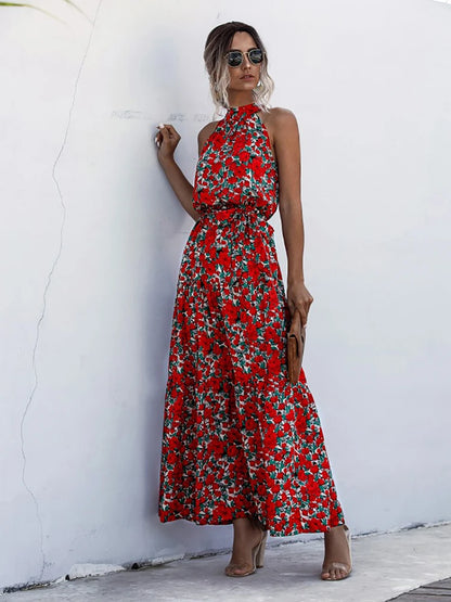 Fitshinling Bohemian Summer Maxi Dress Women Polka Dot Sleeveless Sundress Slim A Line Vintage Long Dresses Holiday Vestidos New