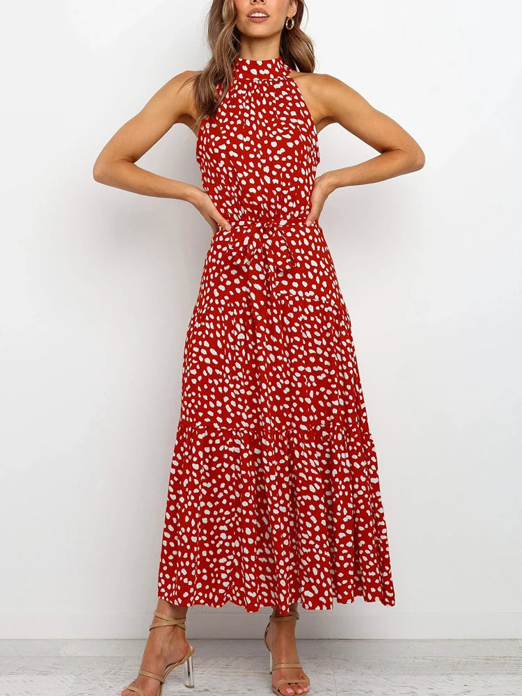 Fitshinling Bohemian Summer Maxi Dress Women Polka Dot Sleeveless Sundress Slim A Line Vintage Long Dresses Holiday Vestidos New