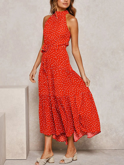 Fitshinling Bohemian Summer Maxi Dress Women Polka Dot Sleeveless Sundress Slim A Line Vintage Long Dresses Holiday Vestidos New