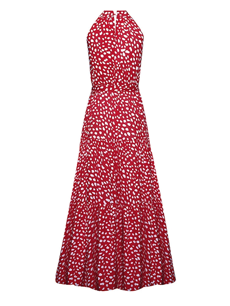 Fitshinling Bohemian Summer Maxi Dress Women Polka Dot Sleeveless Sundress Slim A Line Vintage Long Dresses Holiday Vestidos New
