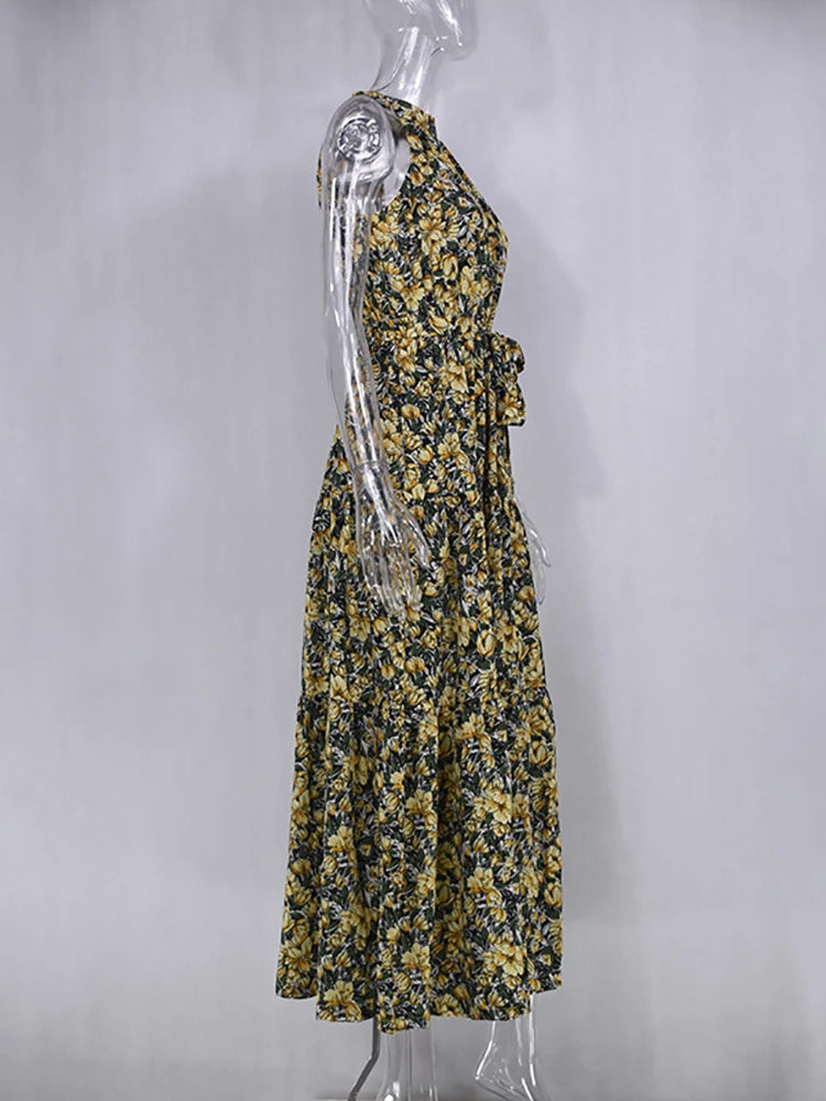 Fitshinling Bohemian Summer Maxi Dress Women Polka Dot Sleeveless Sundress Slim A Line Vintage Long Dresses Holiday Vestidos New