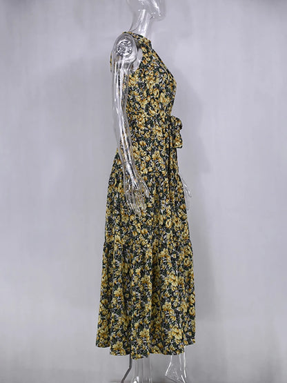 Fitshinling Bohemian Summer Maxi Dress Women Polka Dot Sleeveless Sundress Slim A Line Vintage Long Dresses Holiday Vestidos New
