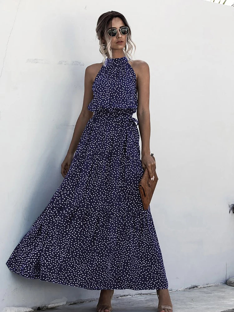 Fitshinling Bohemian Summer Maxi Dress Women Polka Dot Sleeveless Sundress Slim A Line Vintage Long Dresses Holiday Vestidos New