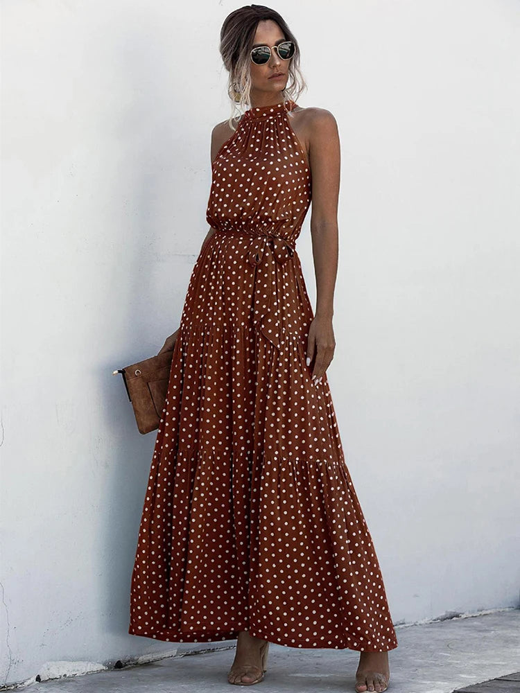 Fitshinling Bohemian Summer Maxi Dress Women Polka Dot Sleeveless Sundress Slim A Line Vintage Long Dresses Holiday Vestidos New