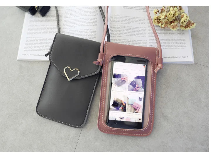 Women’s PU Leather Crossbody Bag with Transparent Touch Screen Wallet