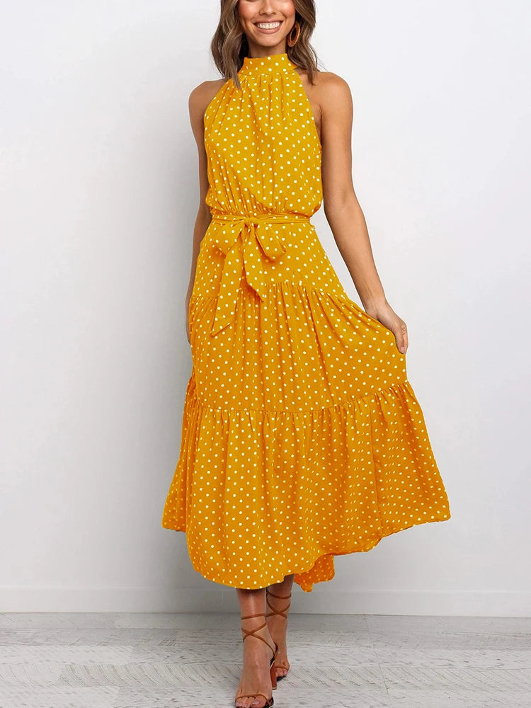Fitshinling Bohemian Summer Maxi Dress Women Polka Dot Sleeveless Sundress Slim A Line Vintage Long Dresses Holiday Vestidos New