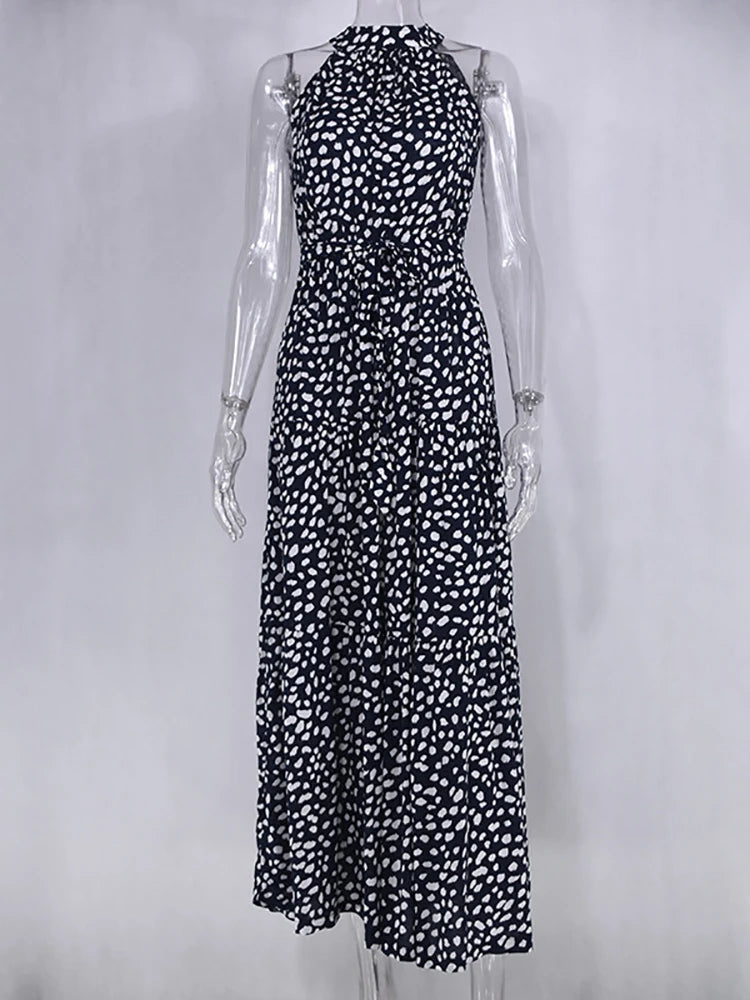 Fitshinling Bohemian Summer Maxi Dress Women Polka Dot Sleeveless Sundress Slim A Line Vintage Long Dresses Holiday Vestidos New