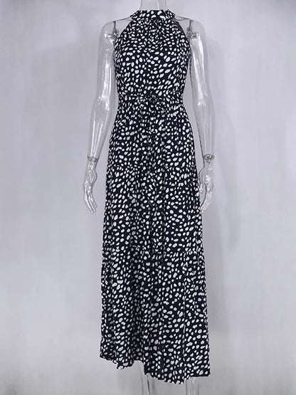 Fitshinling Bohemian Summer Maxi Dress Women Polka Dot Sleeveless Sundress Slim A Line Vintage Long Dresses Holiday Vestidos New