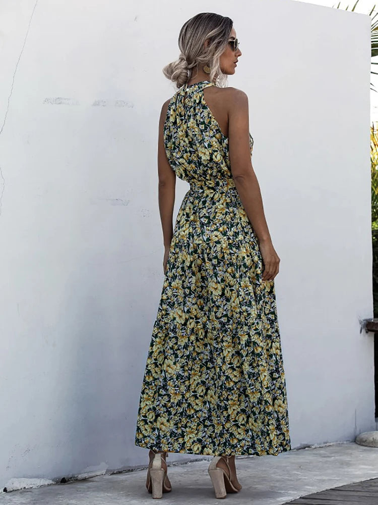 Fitshinling Bohemian Summer Maxi Dress Women Polka Dot Sleeveless Sundress Slim A Line Vintage Long Dresses Holiday Vestidos New