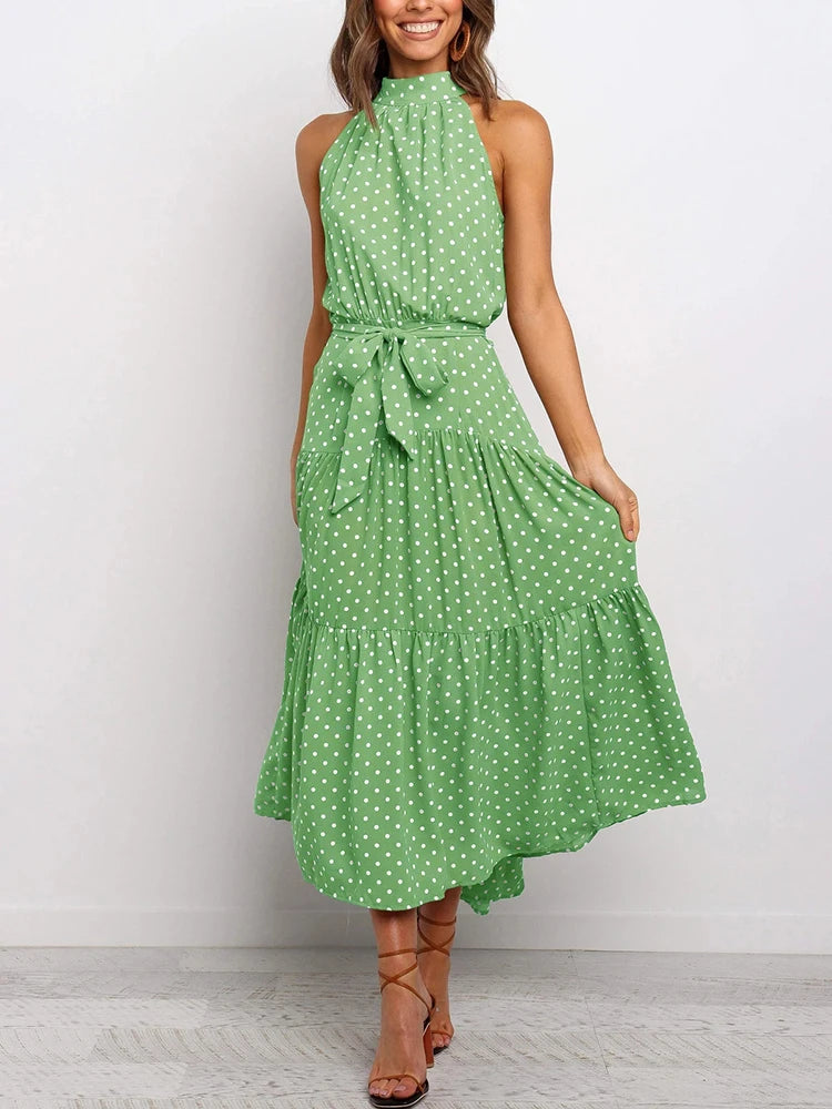 Fitshinling Bohemian Summer Maxi Dress Women Polka Dot Sleeveless Sundress Slim A Line Vintage Long Dresses Holiday Vestidos New