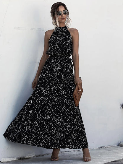 Fitshinling Bohemian Summer Maxi Dress Women Polka Dot Sleeveless Sundress Slim A Line Vintage Long Dresses Holiday Vestidos New