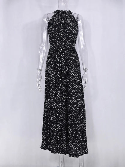 Fitshinling Bohemian Summer Maxi Dress Women Polka Dot Sleeveless Sundress Slim A Line Vintage Long Dresses Holiday Vestidos New
