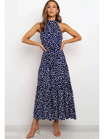 Fitshinling Bohemian Summer Maxi Dress Women Polka Dot Sleeveless Sundress Slim A Line Vintage Long Dresses Holiday Vestidos New