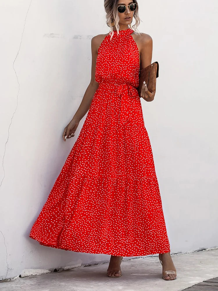Fitshinling Bohemian Summer Maxi Dress Women Polka Dot Sleeveless Sundress Slim A Line Vintage Long Dresses Holiday Vestidos New