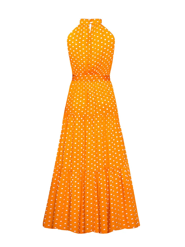 Fitshinling Bohemian Summer Maxi Dress Women Polka Dot Sleeveless Sundress Slim A Line Vintage Long Dresses Holiday Vestidos New
