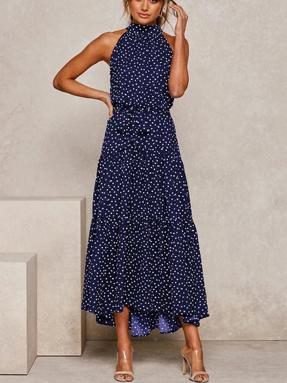 Fitshinling Bohemian Summer Maxi Dress Women Polka Dot Sleeveless Sundress Slim A Line Vintage Long Dresses Holiday Vestidos New
